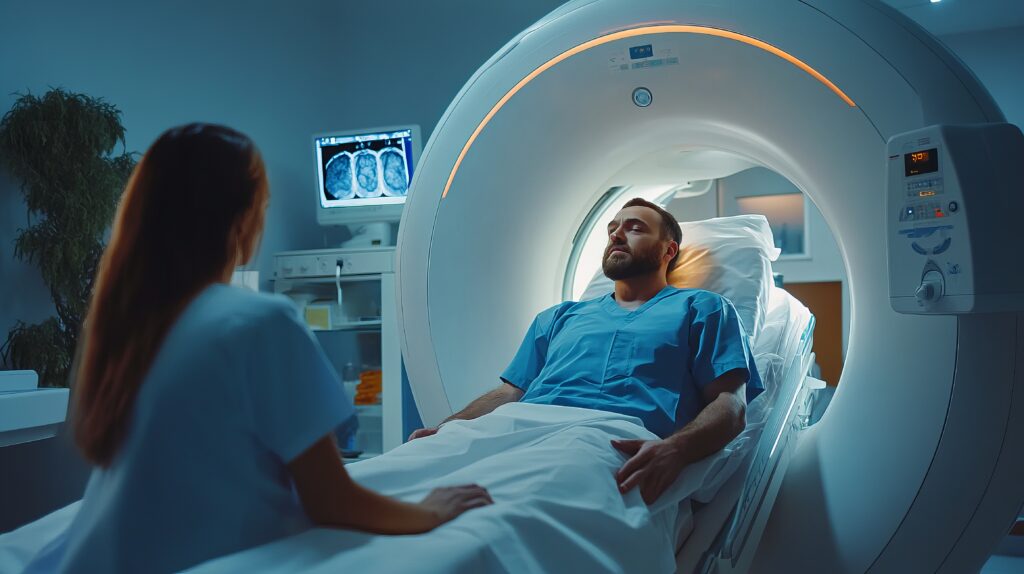 Patient lying on MRI machine at Orbit Imaging & Pathlab